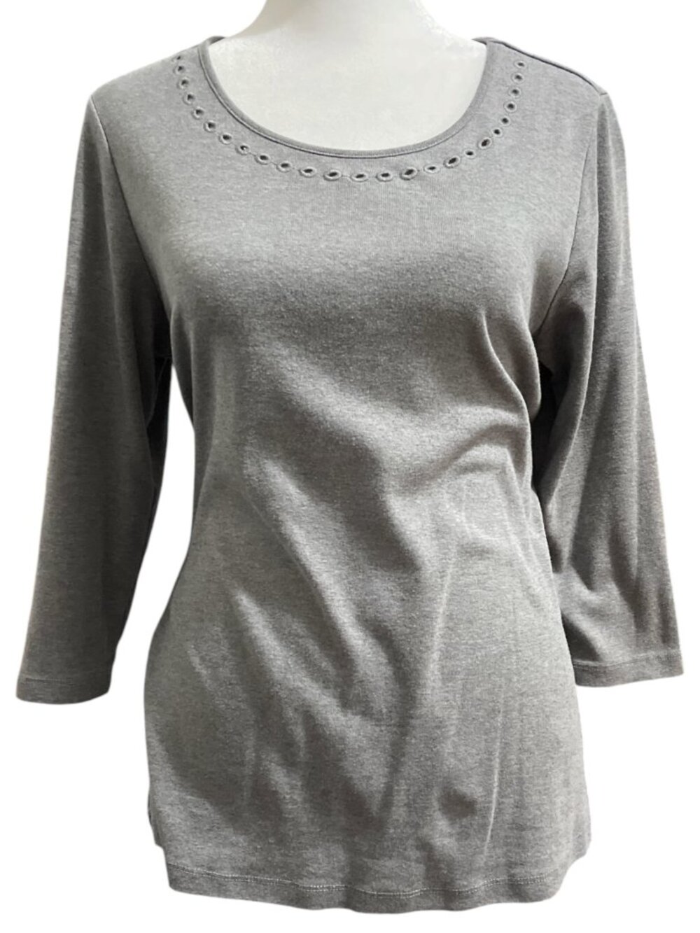 Christopher & Banks Stretch Knit Three-Quarters Sleeve Grey Eyelet Casual Top M